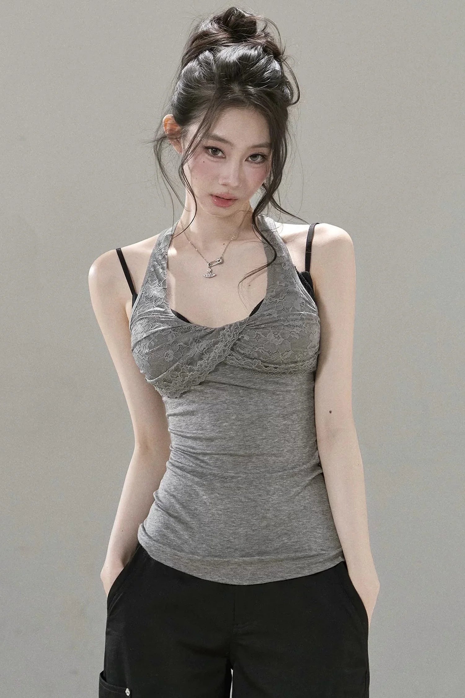 Lace Patchwork Pleated Racerback Camisole