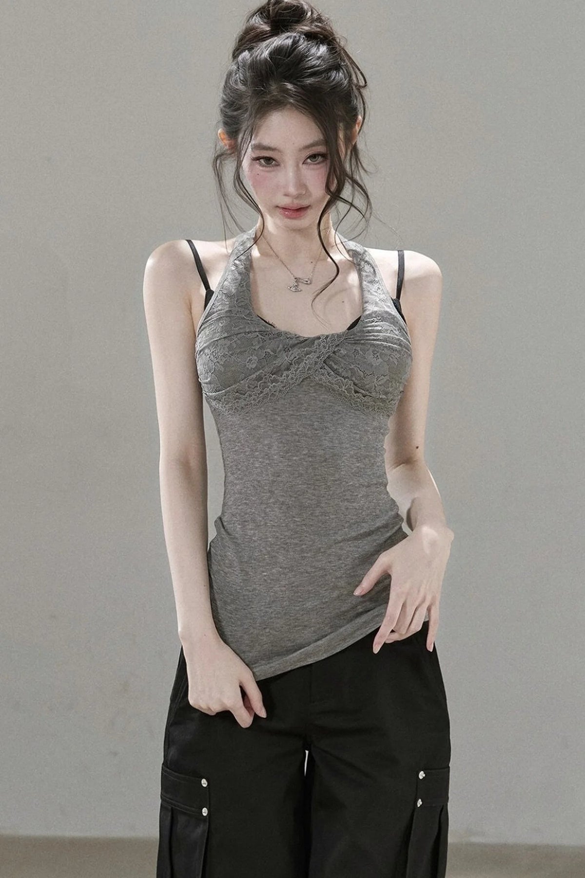 Lace Patchwork Pleated Racerback Camisole