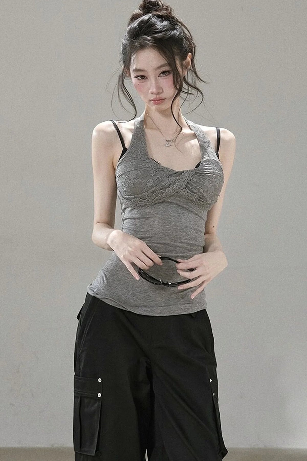 Lace Patchwork Pleated Racerback Camisole