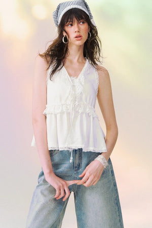Lace Patchwork V-Neck Lace-Up Top