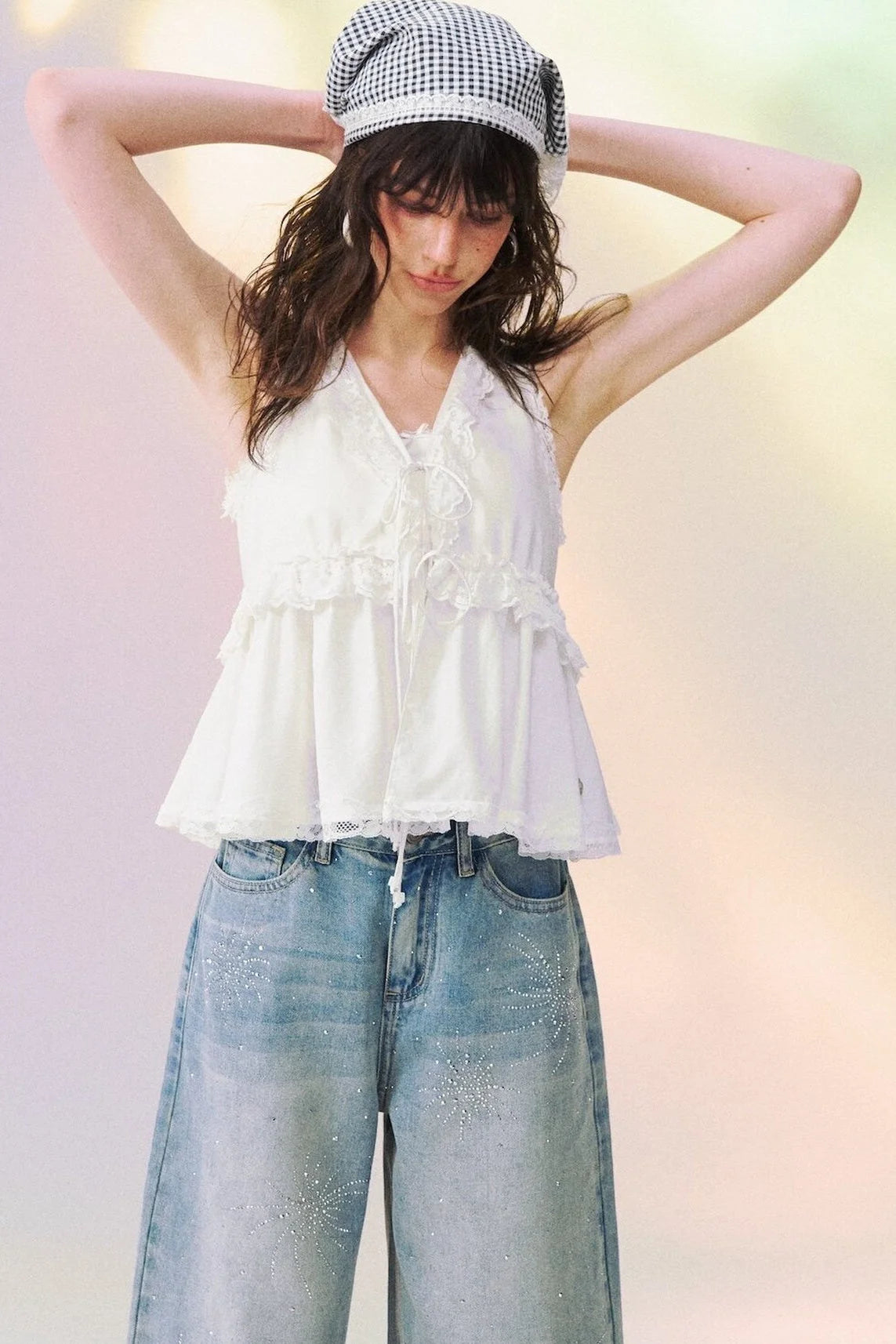 Lace Patchwork V-Neck Lace-Up Top