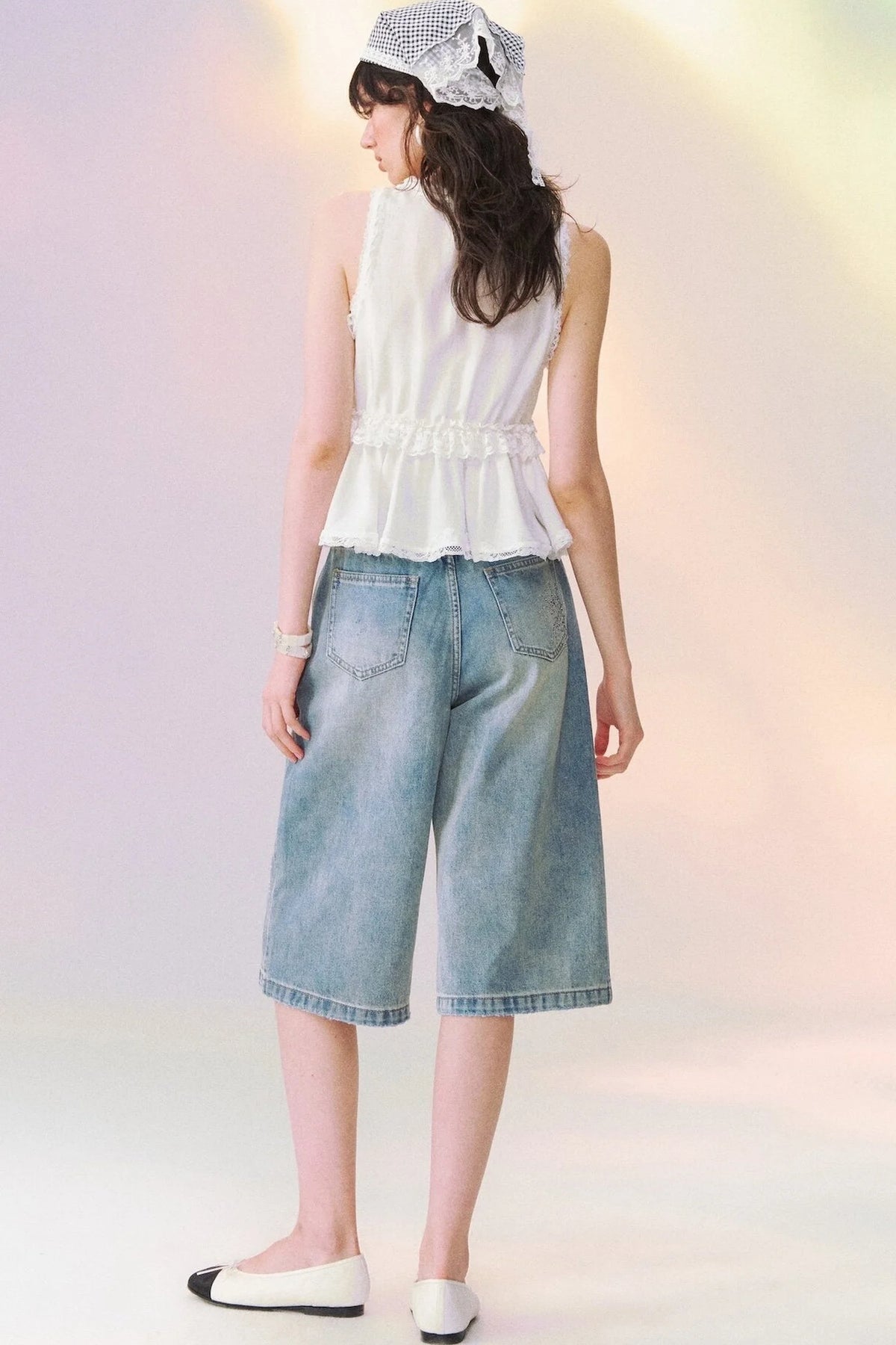 Lace Patchwork V-Neck Lace-Up Top