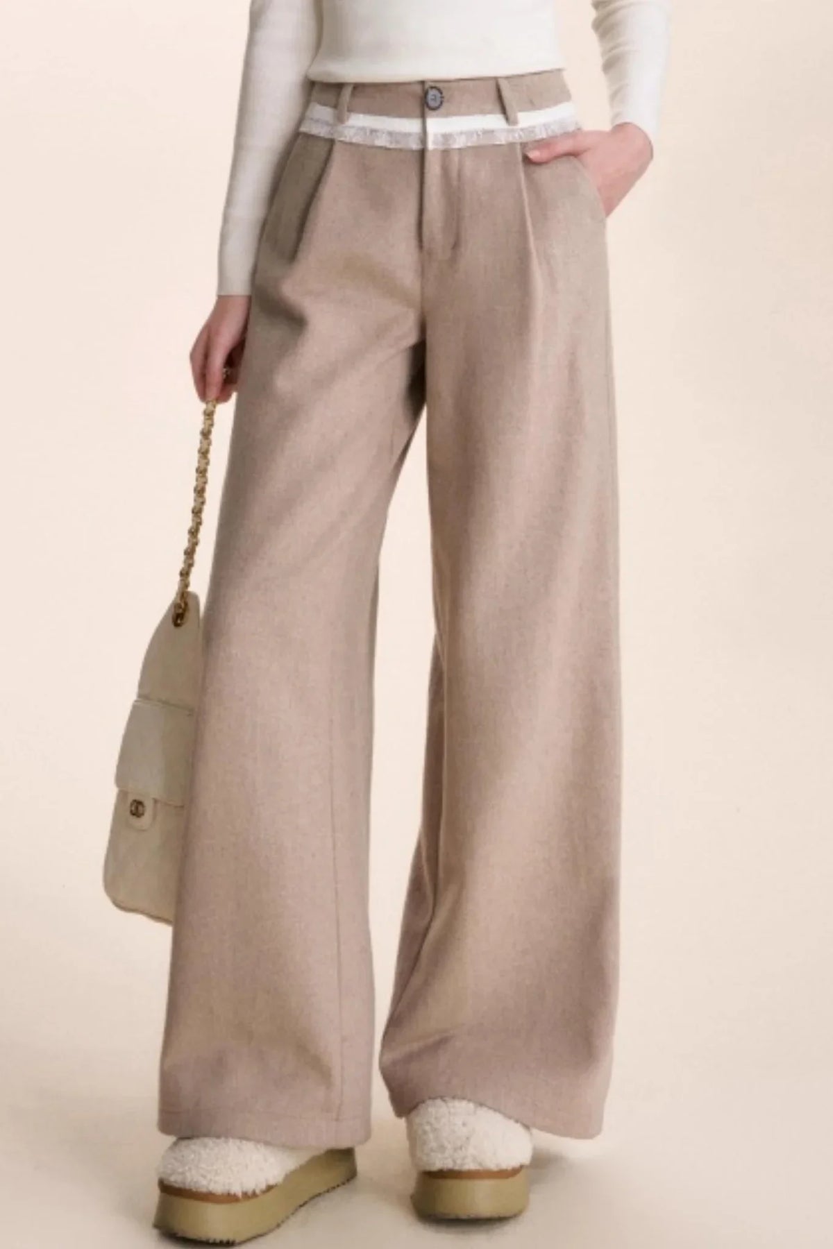 Lace Patchwork Wool Wide-Leg Pants