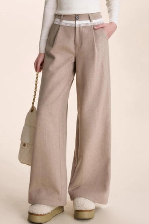 Lace Patchwork Wool Wide-Leg Pants