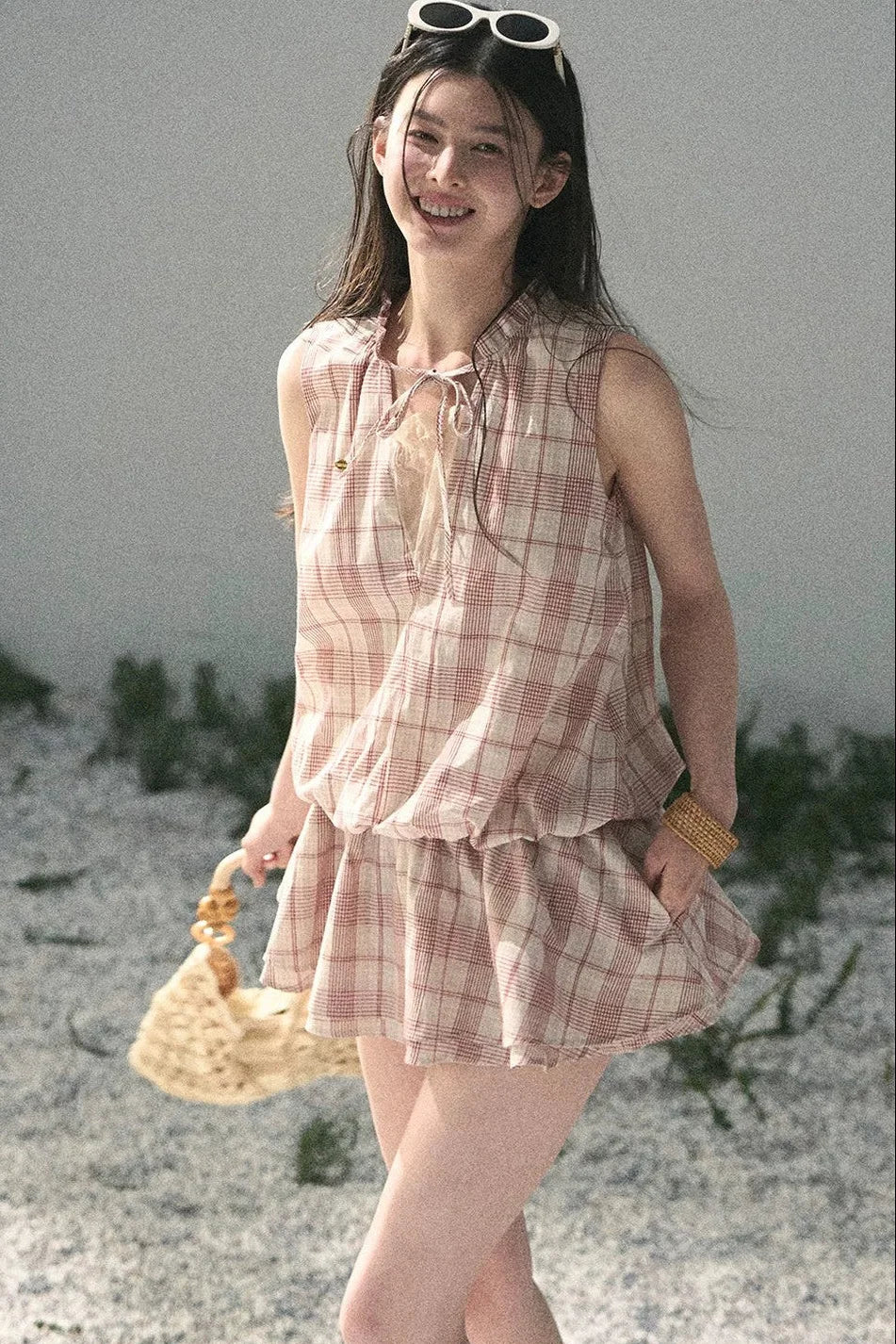 Lace Plaid Puff Dress Set