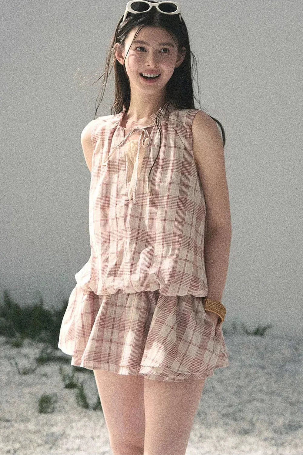 Lace Plaid Puff Dress Set