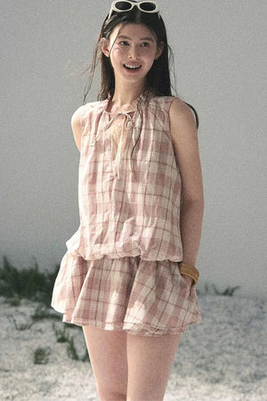 Lace Plaid Puff Dress Set