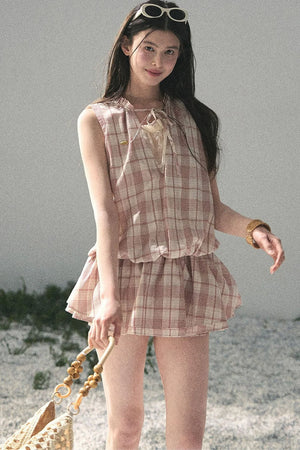 Lace Plaid Puff Dress Set