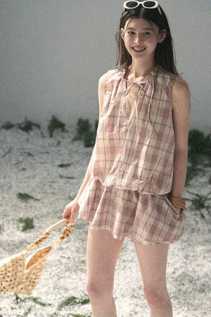 Lace Plaid Puff Dress Set