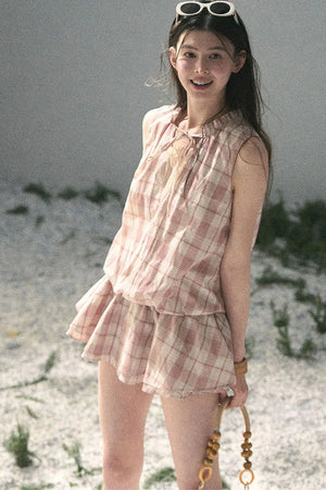 Lace Plaid Puff Dress Set