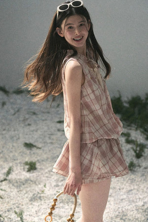 Lace Plaid Puff Dress Set