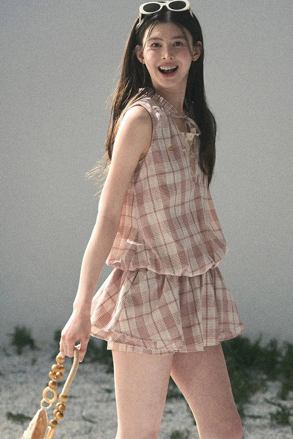 Lace Plaid Puff Dress Set