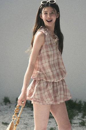 Lace Plaid Puff Dress Set