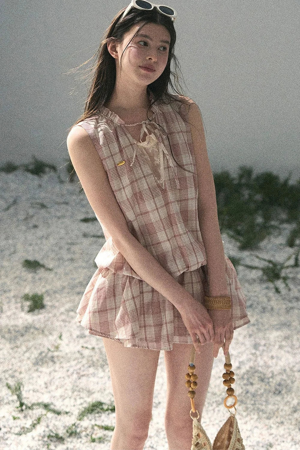 Lace Plaid Puff Dress Set