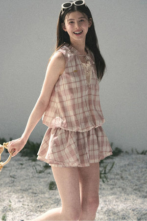 Lace Plaid Puff Dress Set