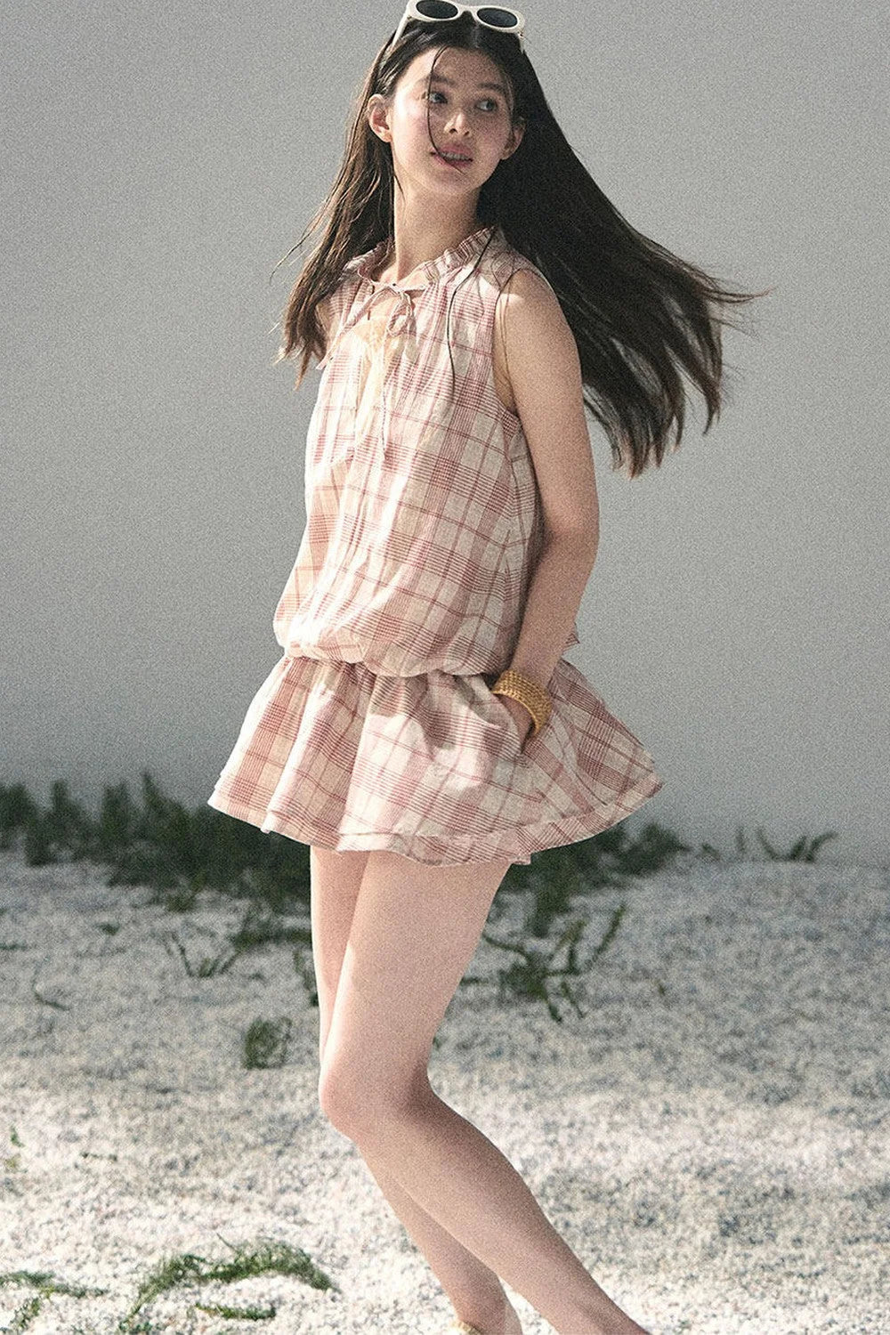 Lace Plaid Puff Dress Set