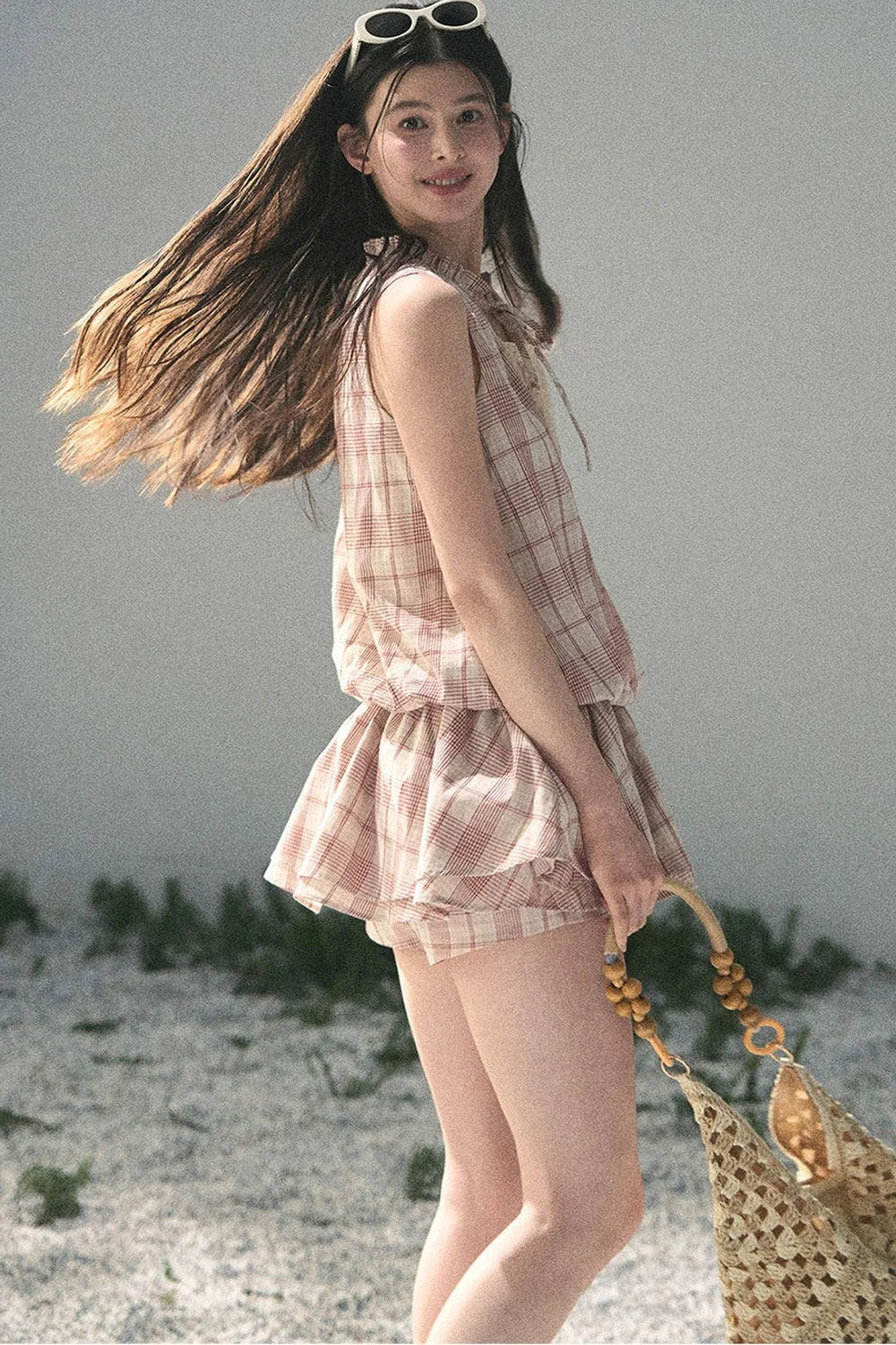 Lace Plaid Puff Dress Set