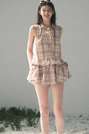 Lace Plaid Puff Dress Set