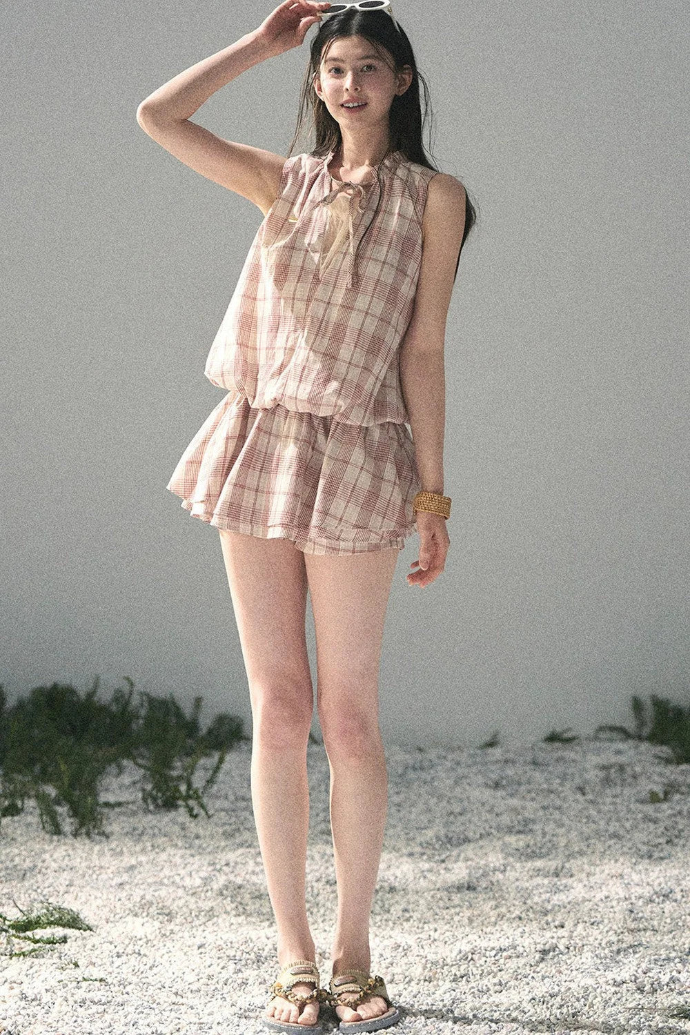 Lace Plaid Puff Dress Set
