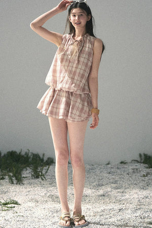 Lace Plaid Puff Dress Set