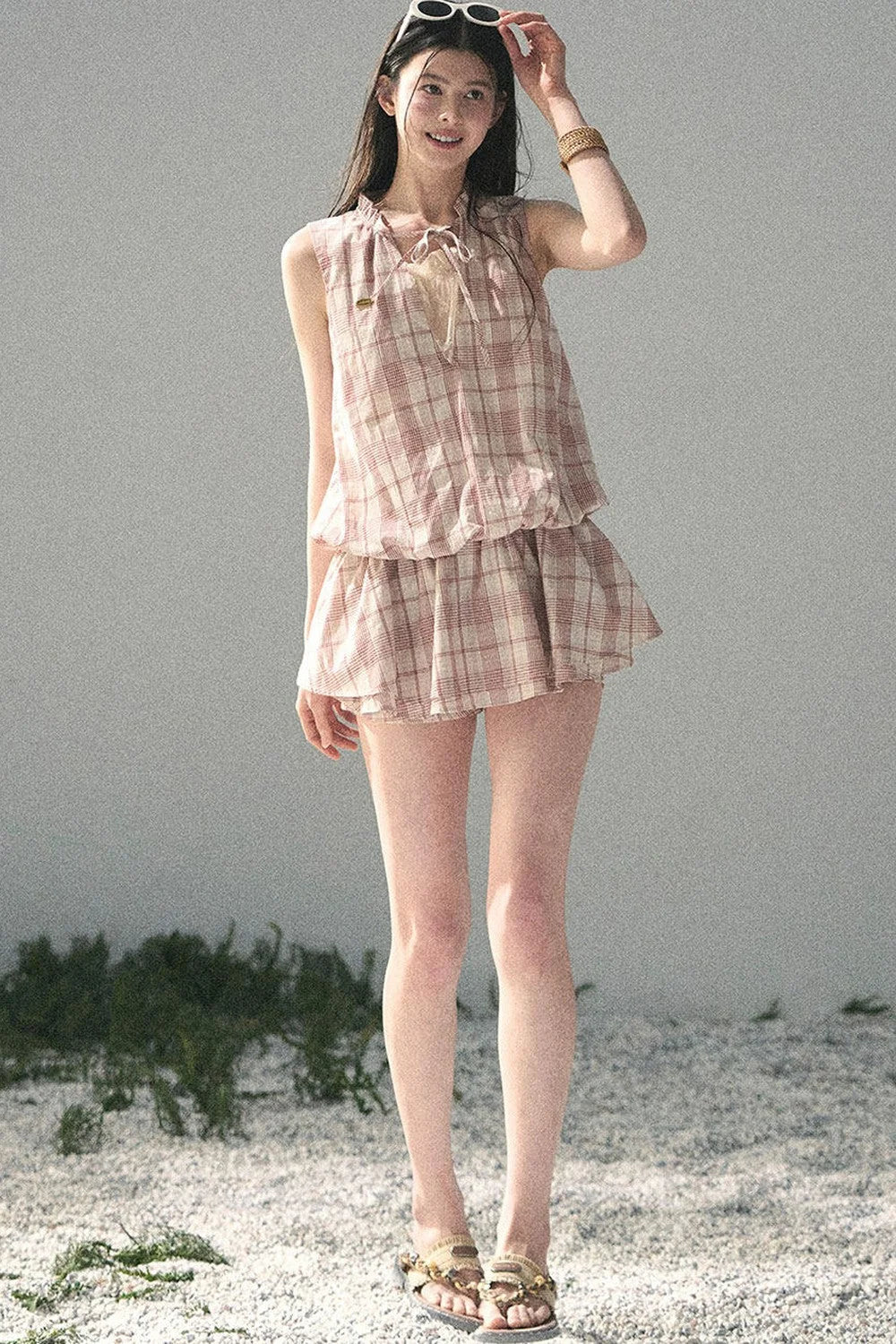 Lace Plaid Puff Dress Set