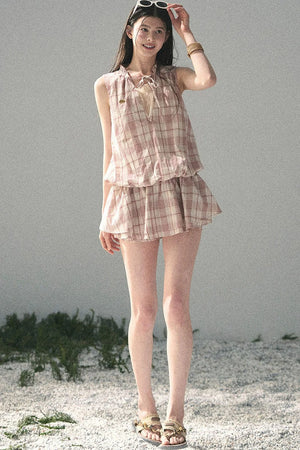 Lace Plaid Puff Dress Set
