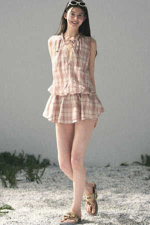 Lace Plaid Puff Dress Set