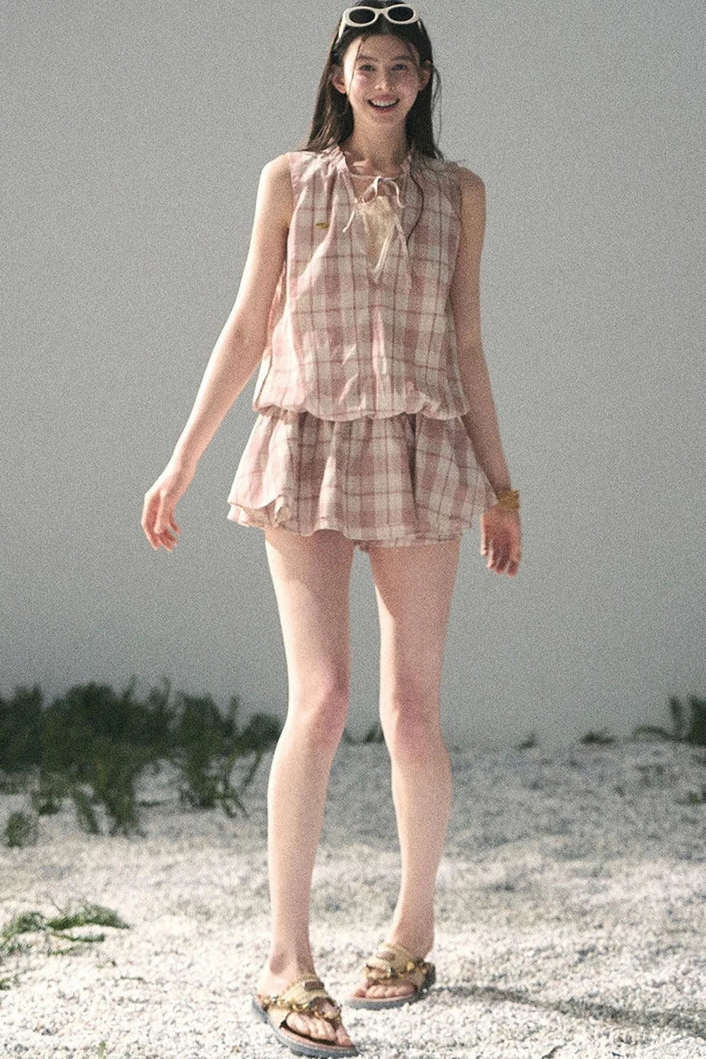 Lace Plaid Puff Dress Set