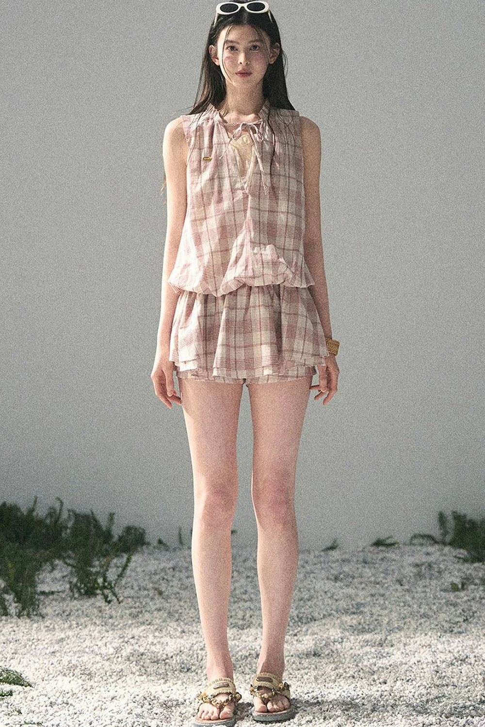 Lace Plaid Puff Dress Set