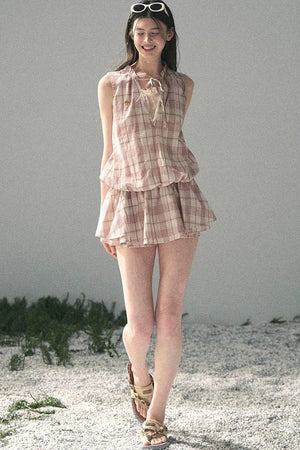 Lace Plaid Puff Dress Set