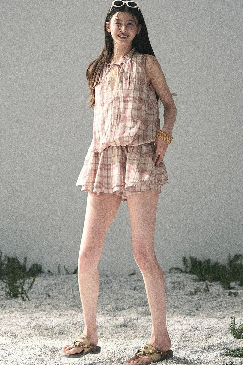 Lace Plaid Puff Dress Set