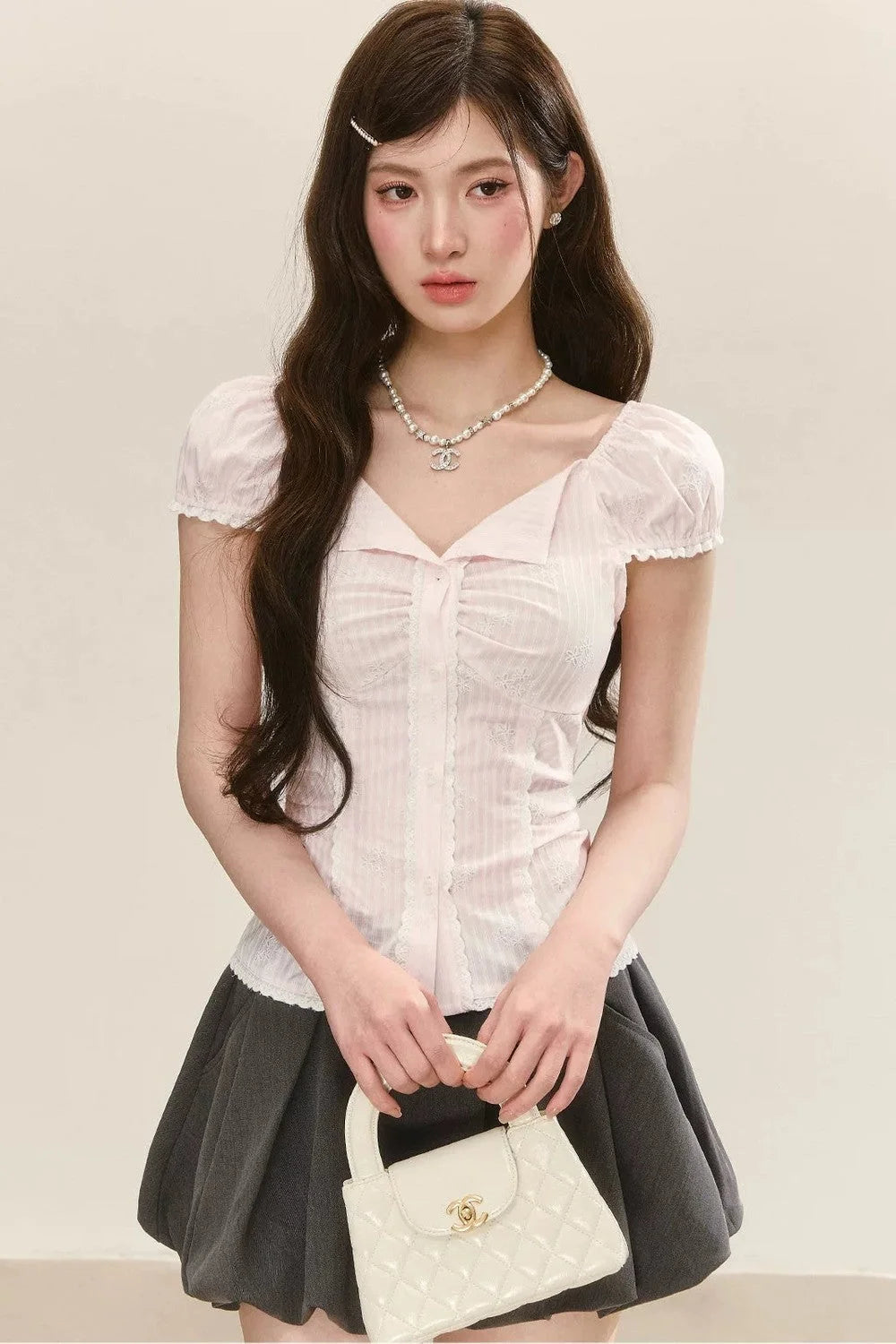 Lace Plaid Puff Sleeve Blouse