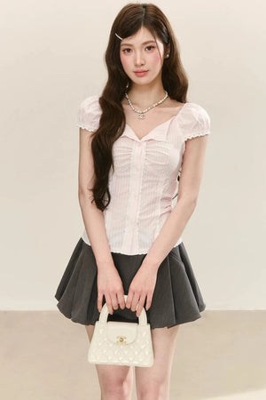Lace Plaid Puff Sleeve Blouse