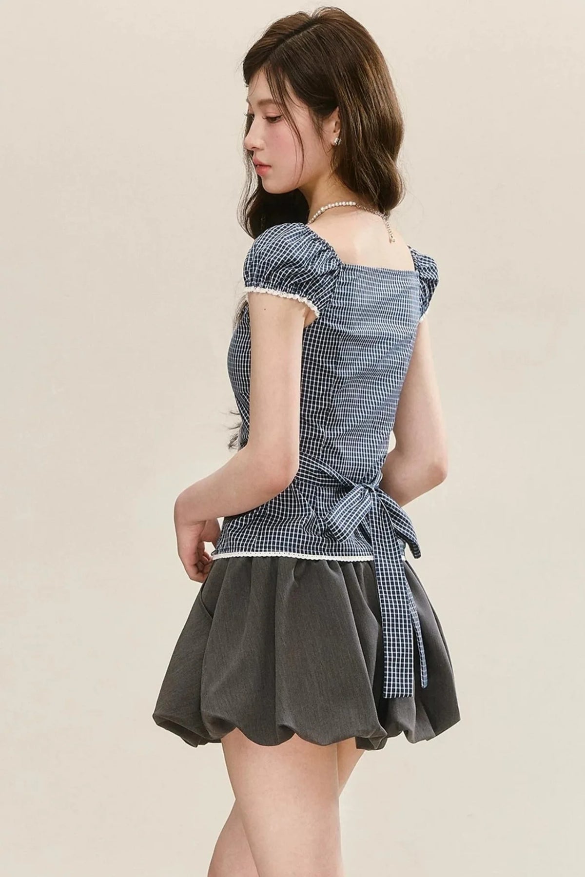 Lace Plaid Puff Sleeve Blouse