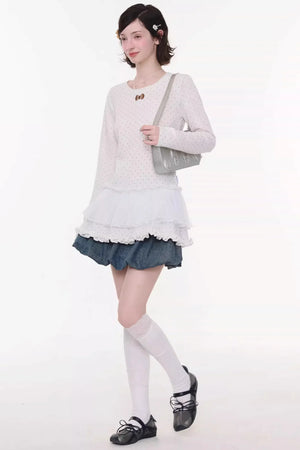 Lace Pleated Polka Dot Top
