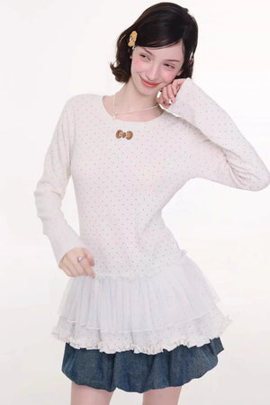 Lace Pleated Polka Dot Top