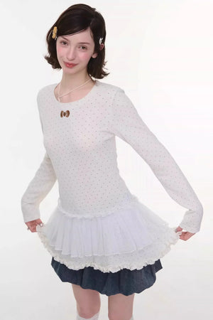 Lace Pleated Polka Dot Top