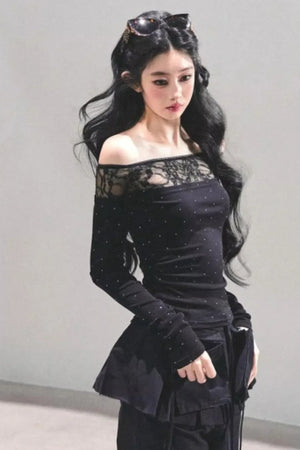Lace Polka Dot One-Shoulder Top