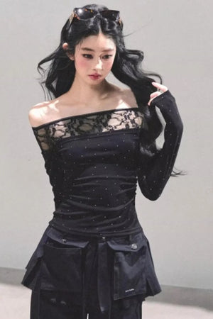 Lace Polka Dot One-Shoulder Top