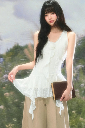 Lace Ruffle Summer Sleeveless Top Set-Up