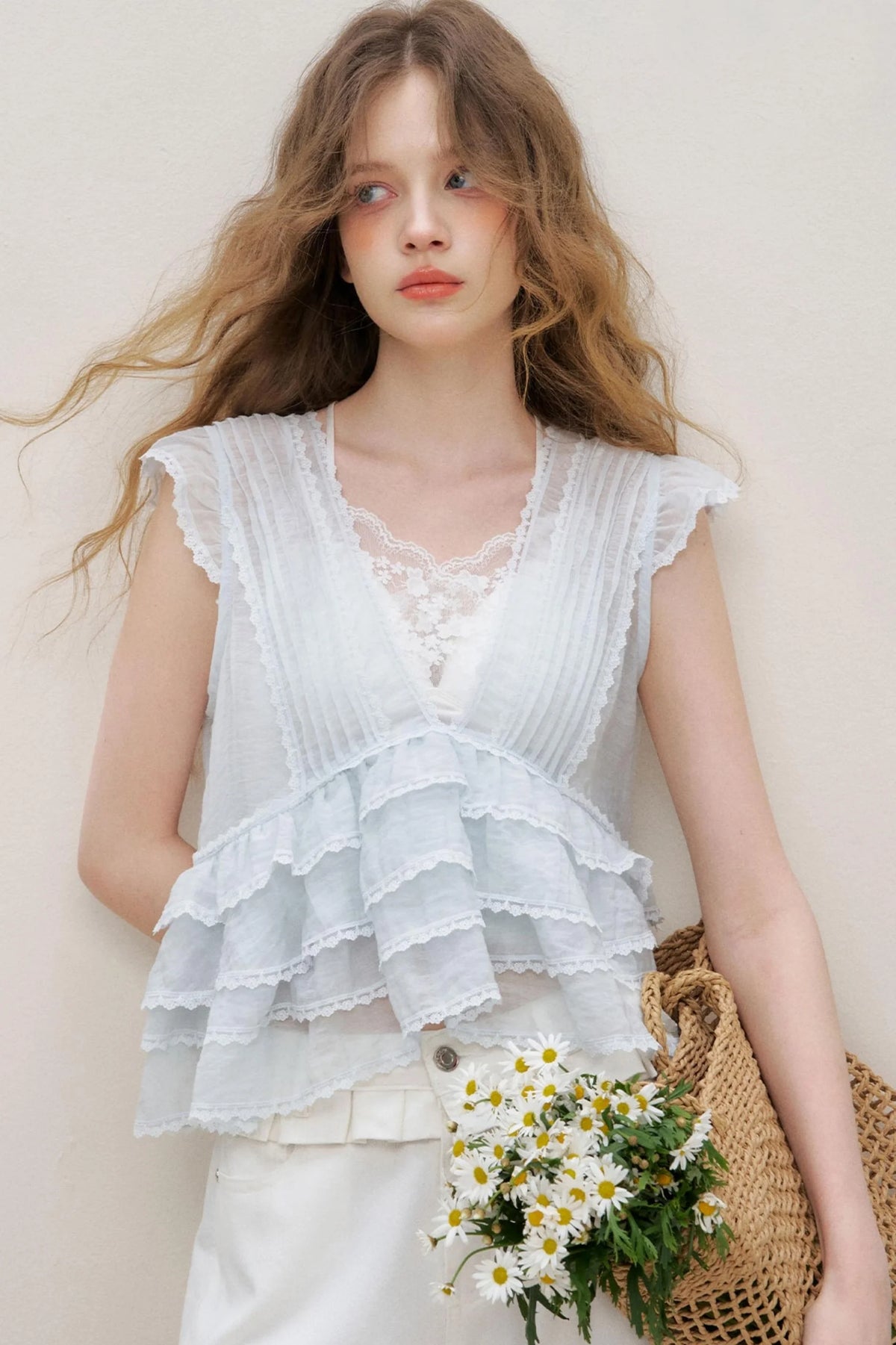Lace Ruffle Top With White Cami Set-Up