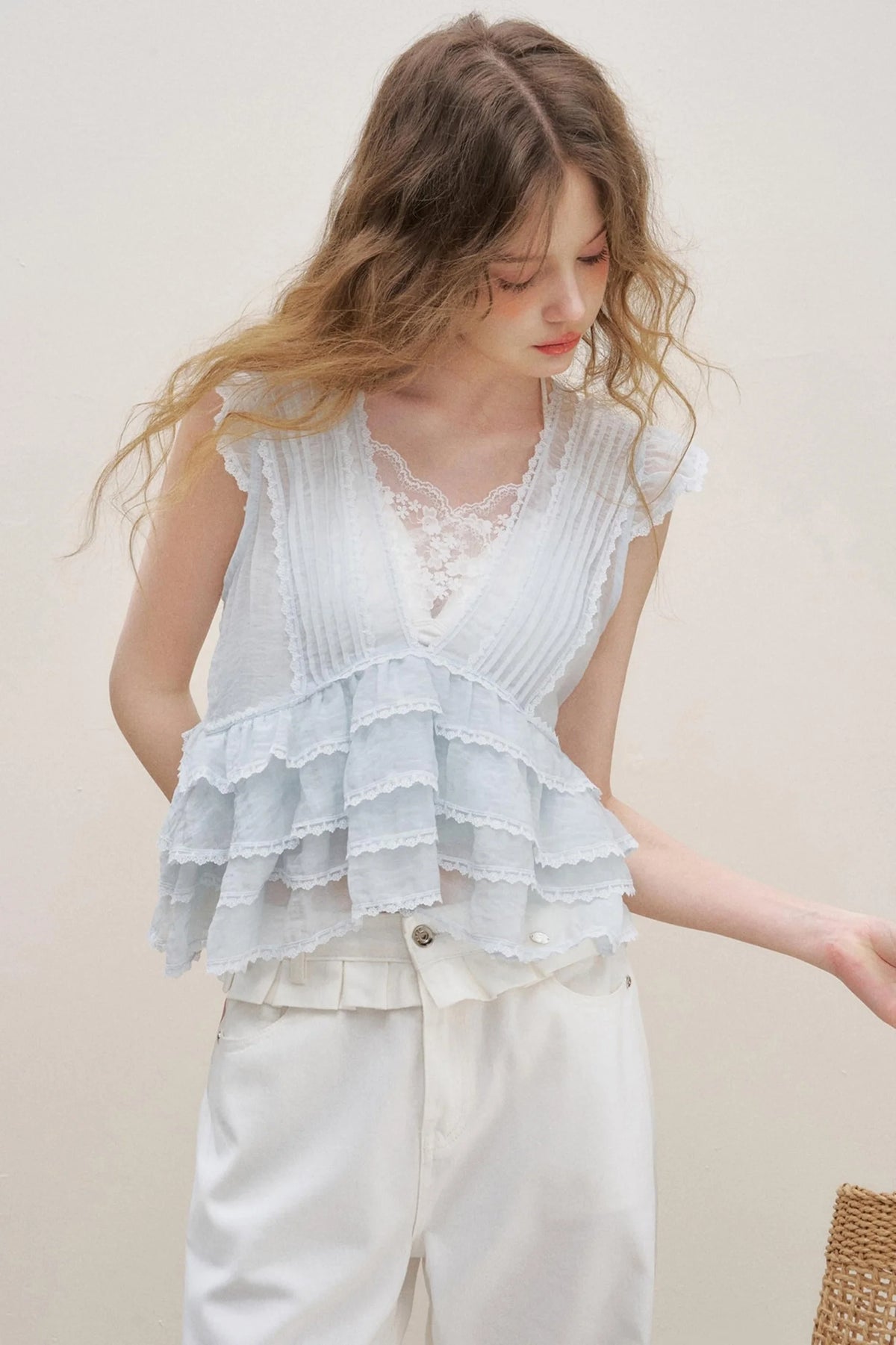Lace Ruffle Top With White Cami Set-Up