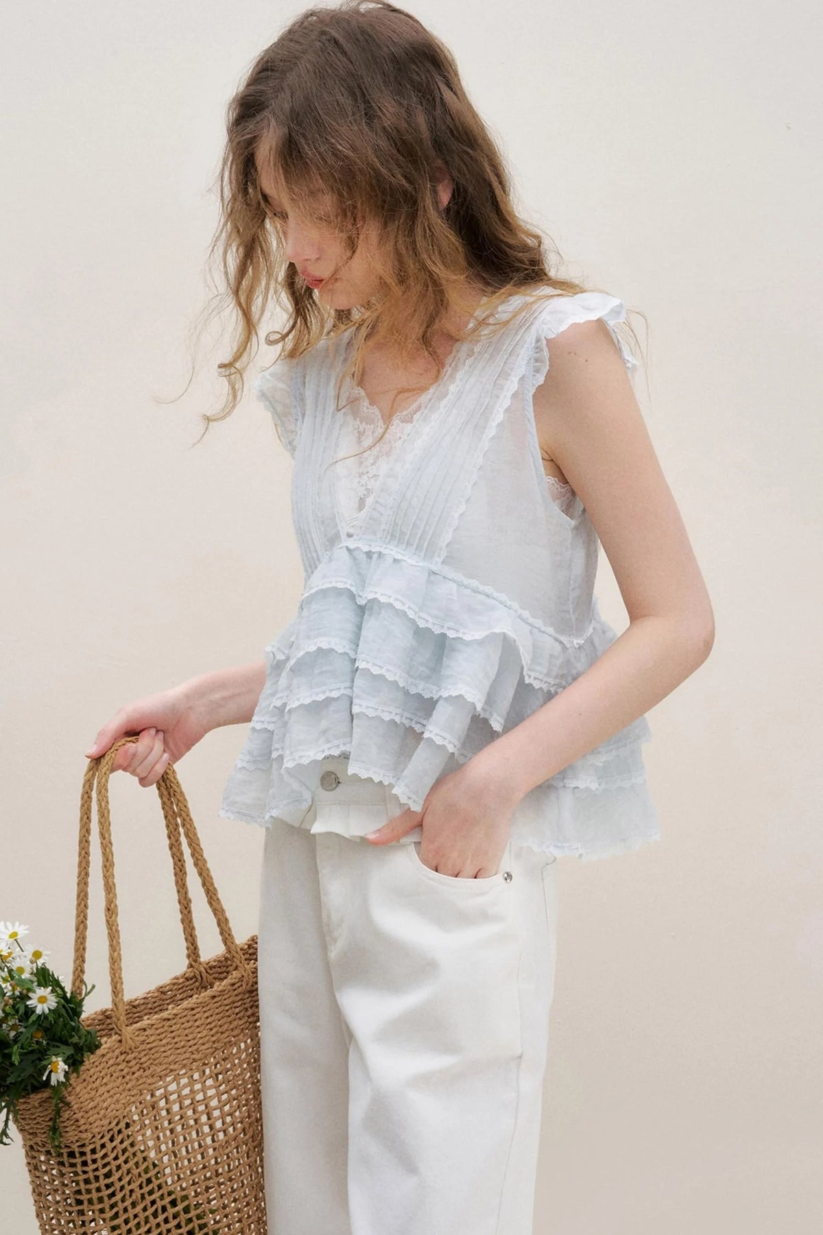 Lace Ruffle Top With White Cami Set-Up