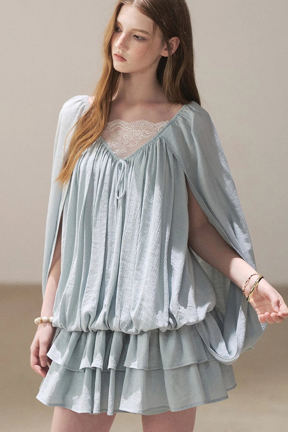 Lace Shawl Tiered Dress and Leggings Set-Up