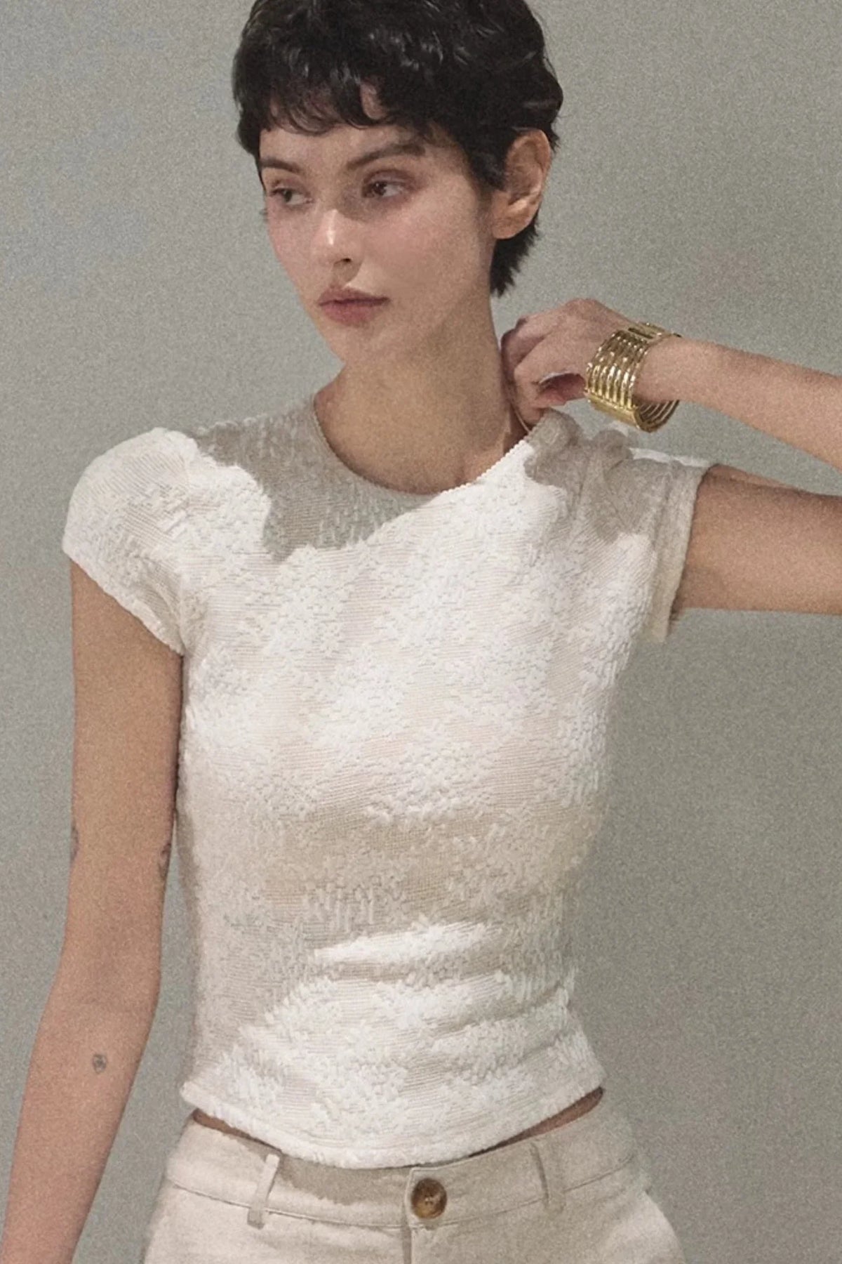 Lace Splice Short Sleeve Top