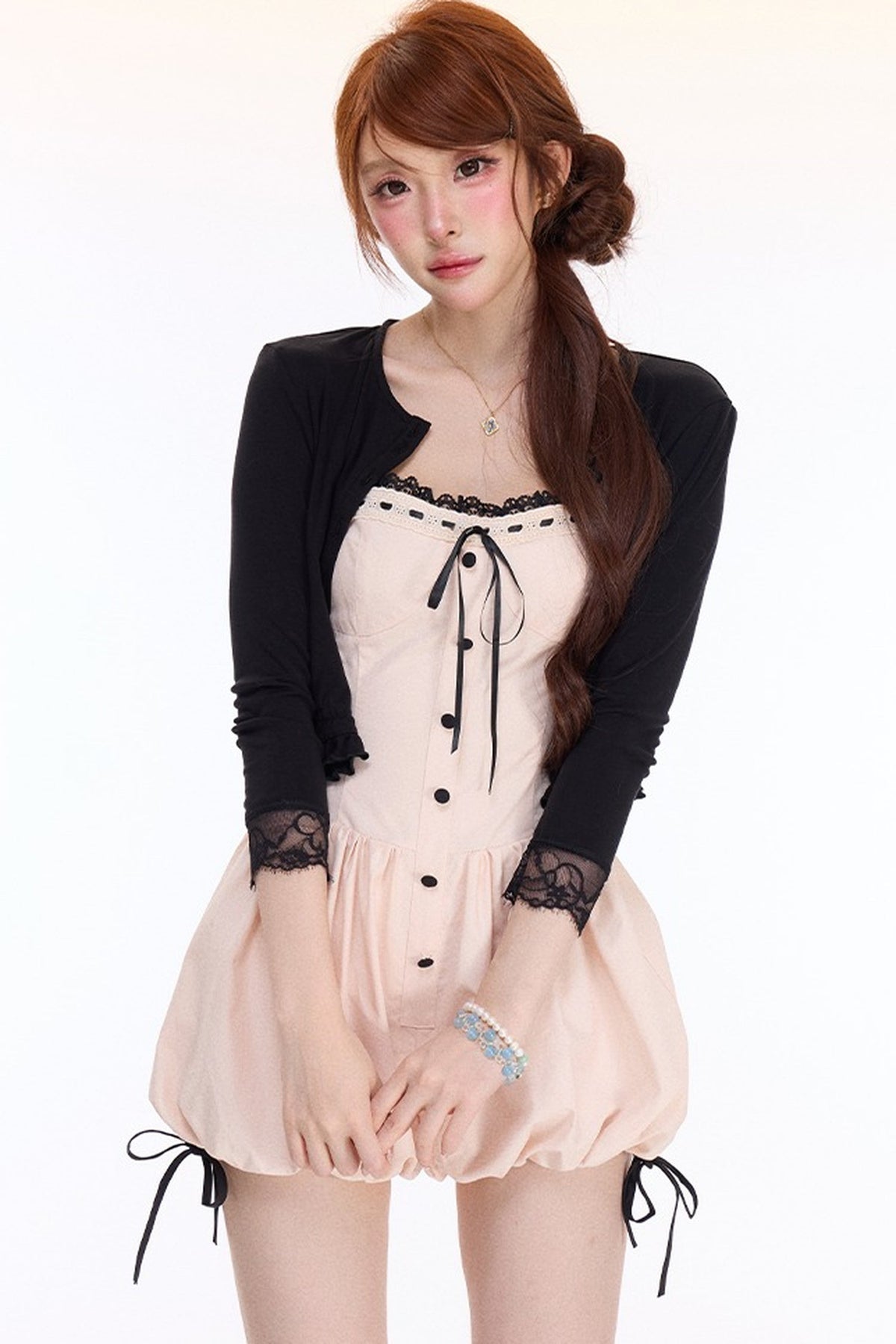 Lace Spliced Puff Shorts Jumpsuit With Knit Cardigan