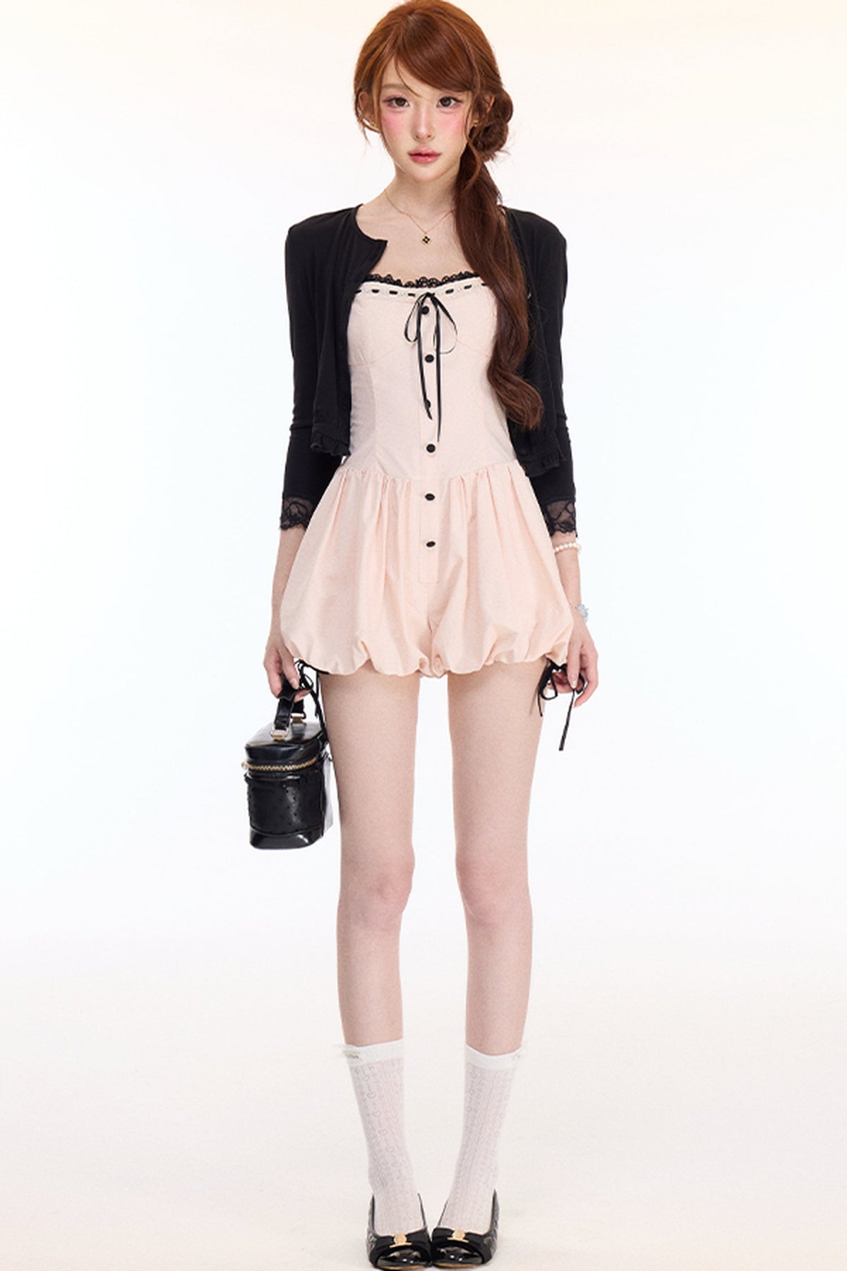 Lace Spliced Puff Shorts Jumpsuit With Knit Cardigan