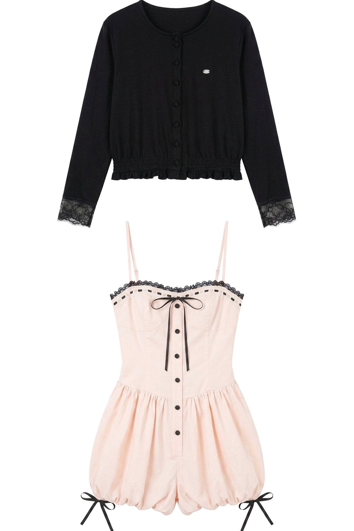 Lace Spliced Puff Shorts Jumpsuit With Knit Cardigan