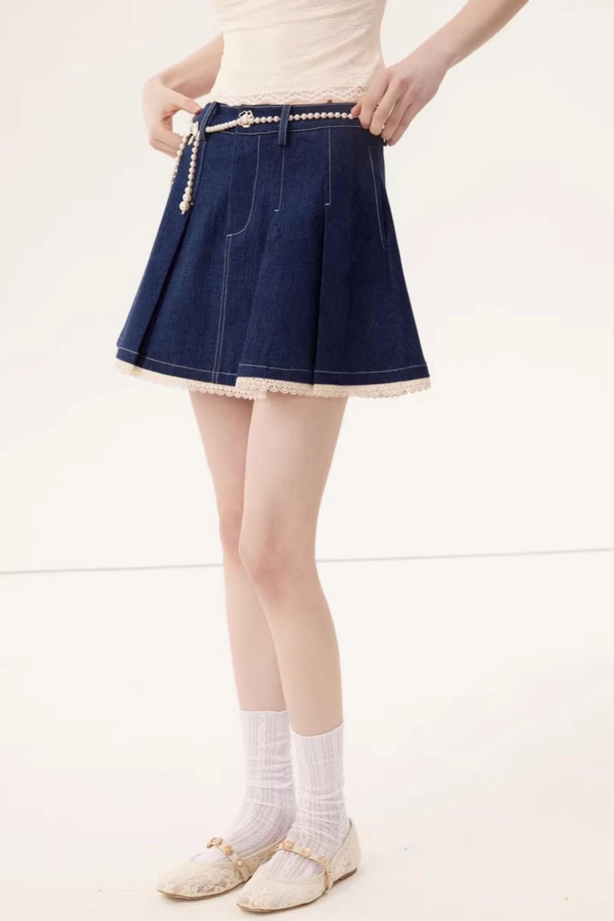 Lace Splicing Denim Skirt