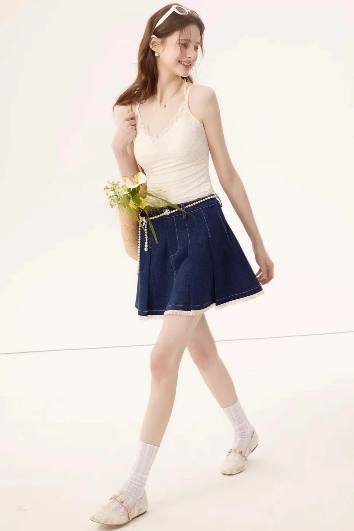Lace Splicing Denim Skirt